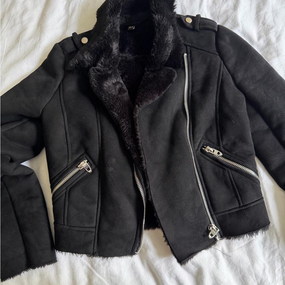 Black Faux-Shearling Asymmetric Moto Jacket
